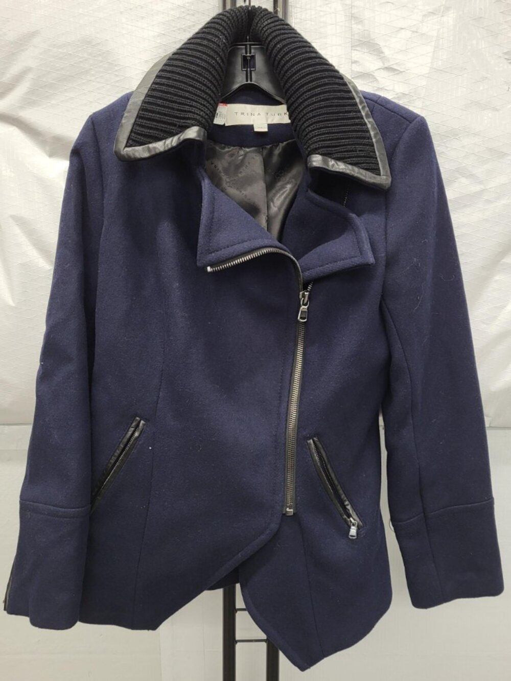 Trina Turk Mackenzie Navy + Black Asymmetrical Moto Wool Jacket Leather Trim 10